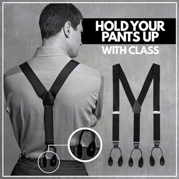 HOLD'EM Men Suspender Y-Back Leather Trimmed Button End Non-Stretch -Navy & Blue - Picture 3 of 7